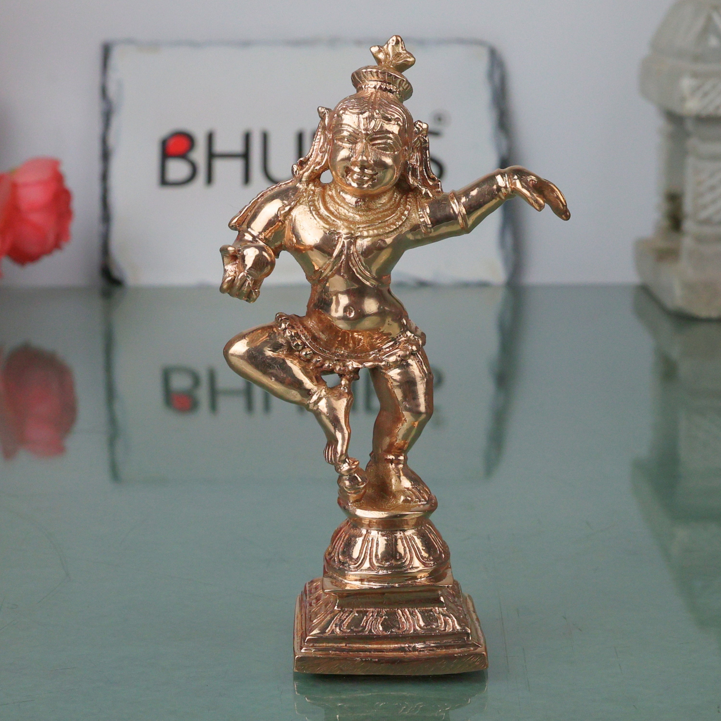 Bronze Krishna Idol Laddu Gopal, Venugopal Murli Manohar Govind Gopal Statue for Pooja Decor, Gold, 4.5 Inch, 1 Piece