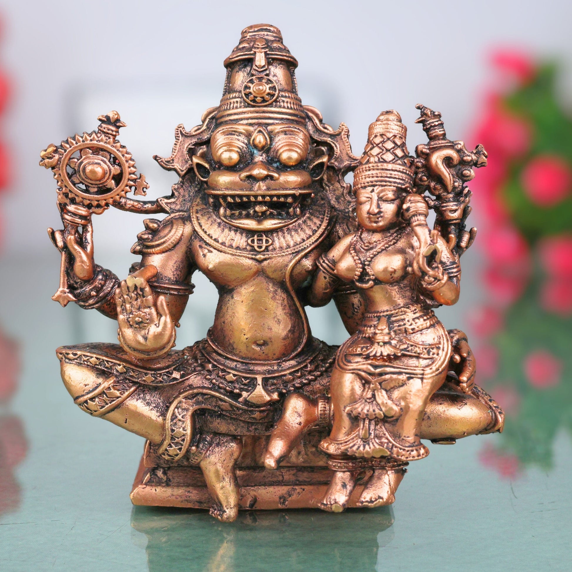 Copper Lakshmi Narasimha Idol Tamra Vigraha Sri Narasimhaswamy Murti Statue for Pooja Home Decor, Brown, 4 Inch, 1 Piece
