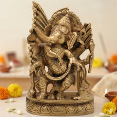 Handcrafted Brass Ganpati Idol | Vinayaka Ganesha Murti for Home Temple Pooja Decor | Peetal Ekadanta Statue | Vighnaharta Ganapati Showpiece by Bhunes, Gold, 7 Inch, 1 Piece