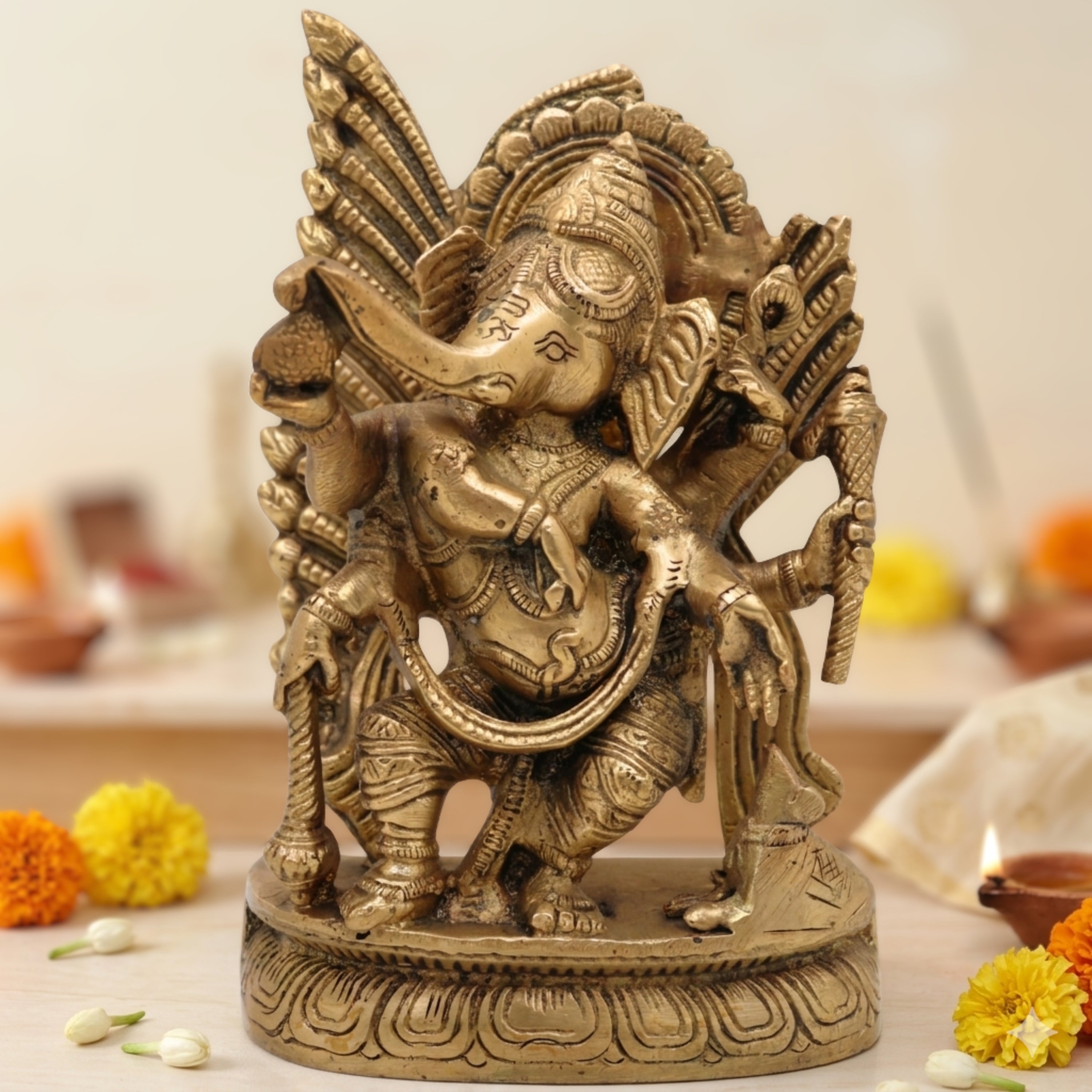 Handcrafted Brass Ganpati Idol | Vinayaka Ganesha Murti for Home Temple Pooja Decor | Peetal Ekadanta Statue | Vighnaharta Ganapati Showpiece by Bhunes, Gold, 7 Inch, 1 Piece