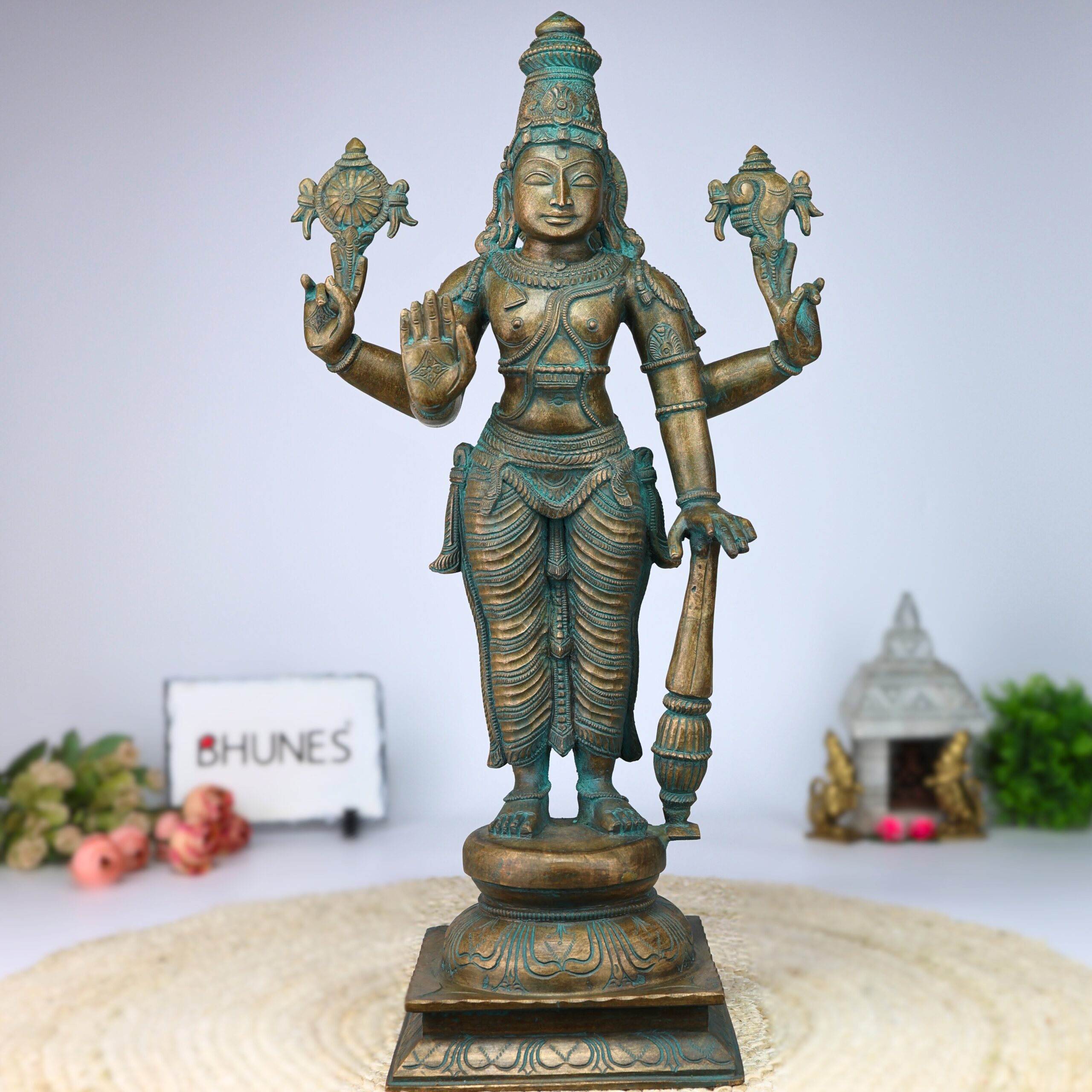 Bhunes Handcrafted Bronze Vishnu Idol – Panchaloha Narayan Vigraha, Panchadhatu Sri Vishnu Statue for Temple, Home Decor, Spiritual Gifts, Brown, 20 Inch, 1 Piece