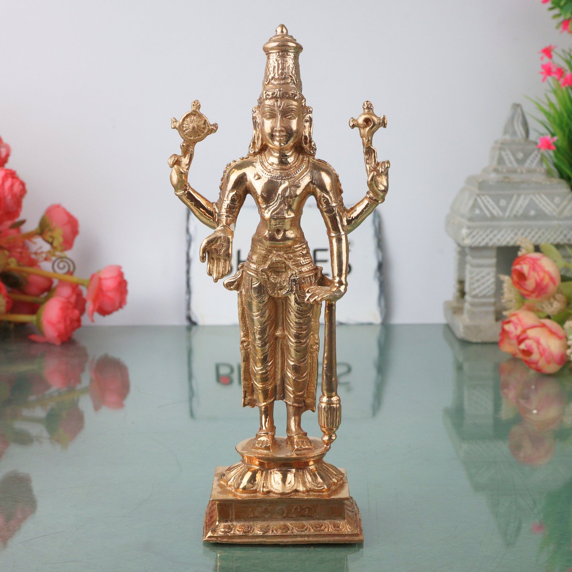 Bronze Vishnu Idol Narayana Perumal Mahavishnu Balaji Venkateswara Srinivasa Govinda Murti for Pooja Home Decor Temple Statue, Gold, 8 Inch, 1 Piece