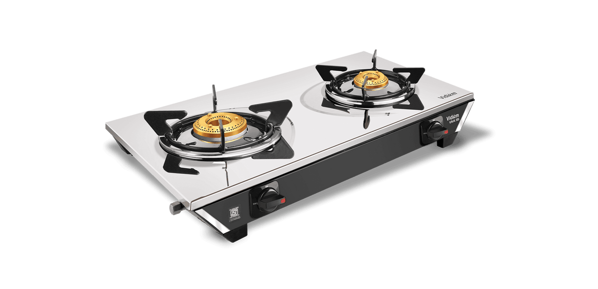 Vidiem Gas Stove SS2 196 A Viva (Silver & Black) | 2 Burner Stainless Steel | ISI Certified | Manual Ignition | 5 Years 