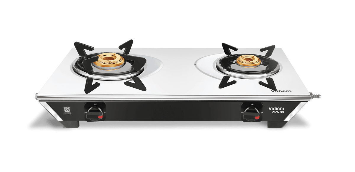 Vidiem Gas Stove SS2 196 A Viva (Silver & Black) | 2 Burner Stainless Steel | ISI Certified | Manual Ignition | 5 Years 