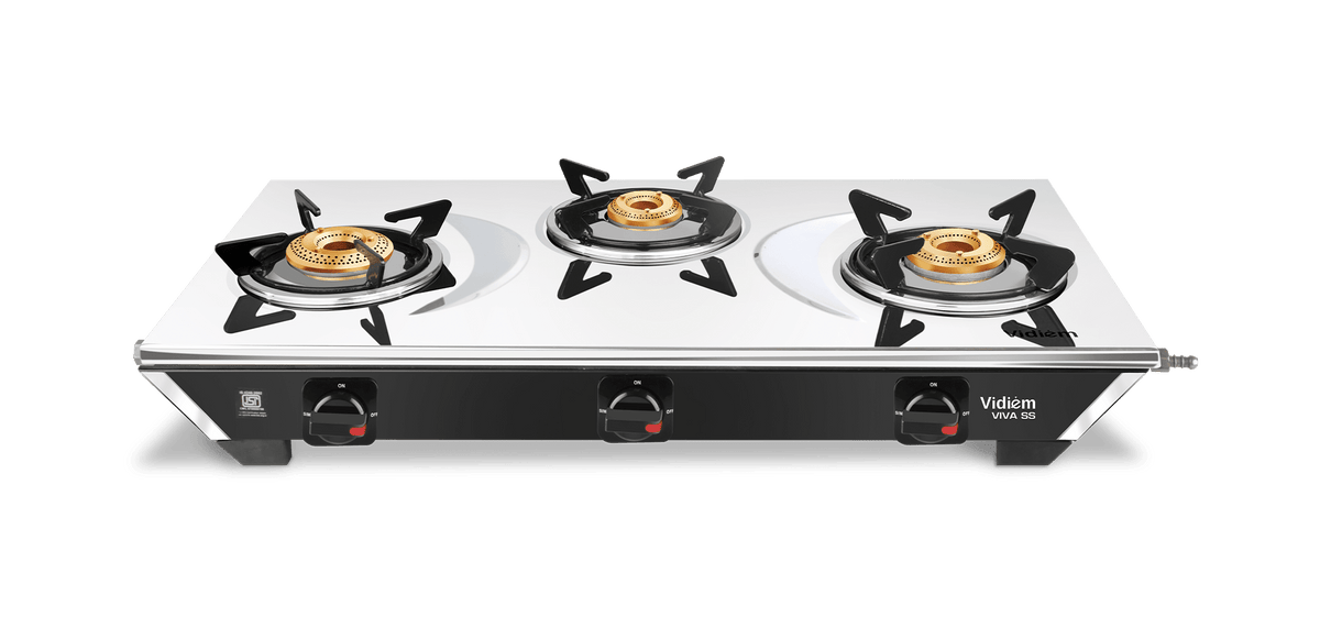 Vidiem Viva 3 Burner Gas Stove | Stainless Steel Body | Brass Burners – Jumbo, Medium & Small | Spacious Burner Placemen