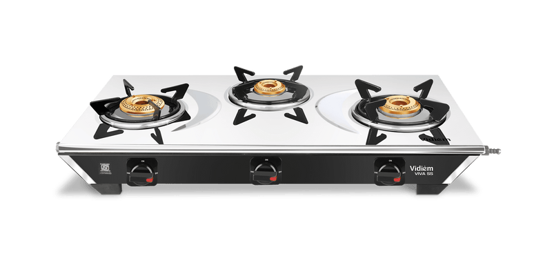 Vidiem Viva 3 Burner Gas Stove | Stainless Steel Body | Brass Burners – Jumbo, Medium & Small | Spacious Burner Placemen