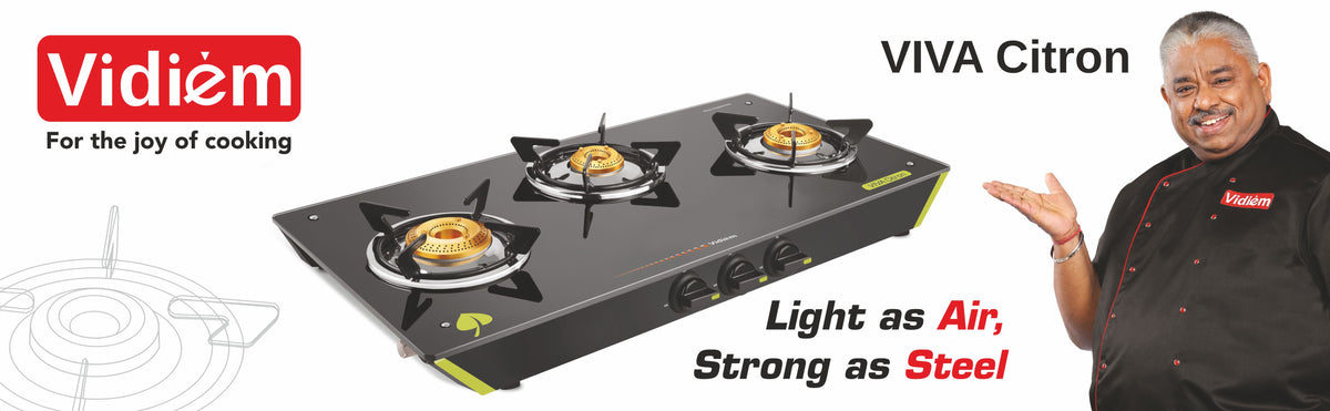 Vidiem Viva Citron 3 Burner Glass Top Gas Stove | 7mm Toughened Glass | Brass Burners | Manual Ignition