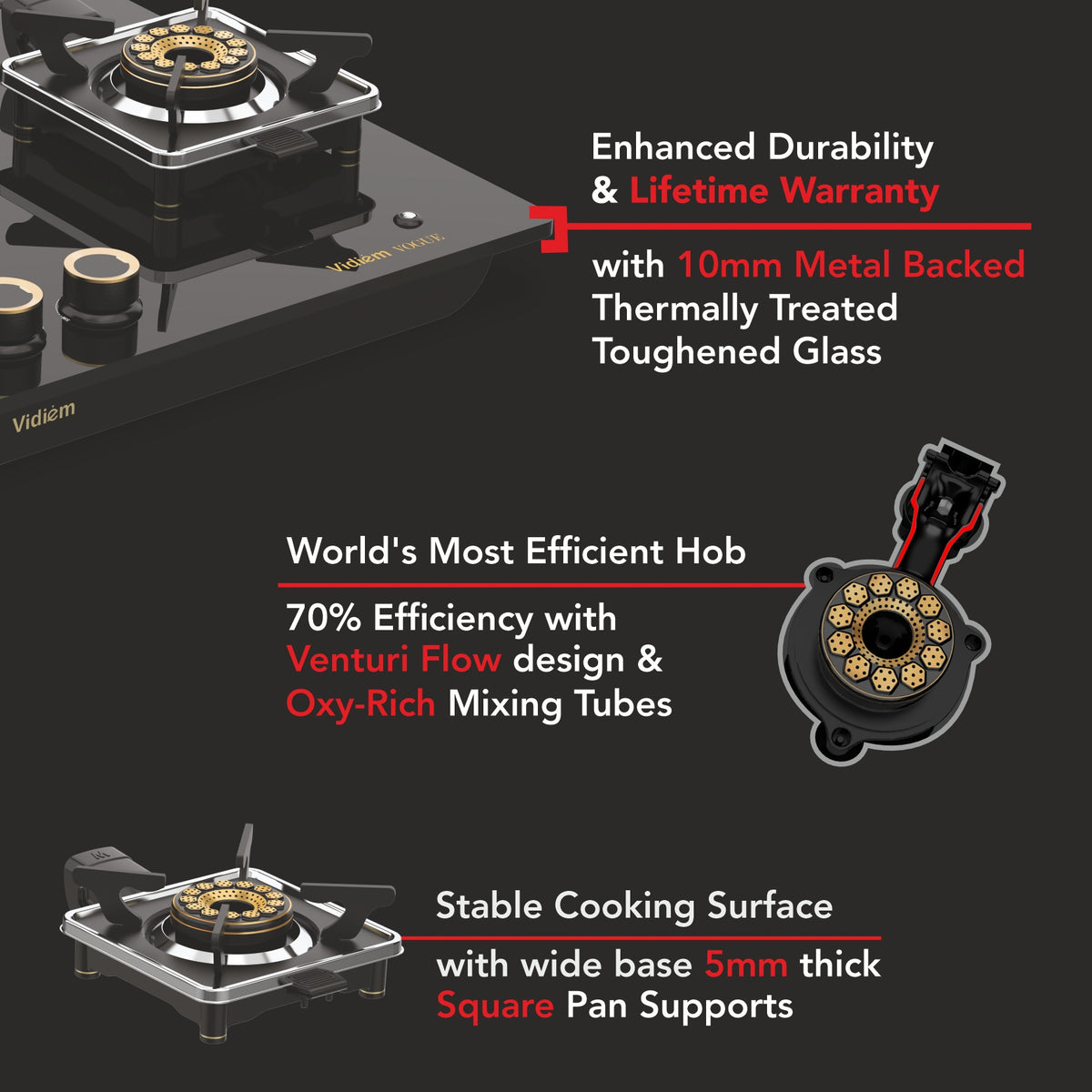 Vidiem Vogue 3-Burner Gas Cooktop/Hob | World's First Fully Removable Burner Assembly | 10Mm Toughened Glass | Hexa Flam