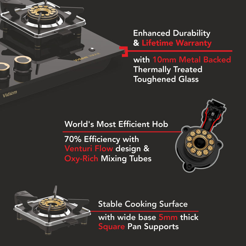 Vidiem Vogue 3-Burner Gas Cooktop/Hob | World's First Fully Removable Burner Assembly | 10Mm Toughened Glass | Hexa Flam