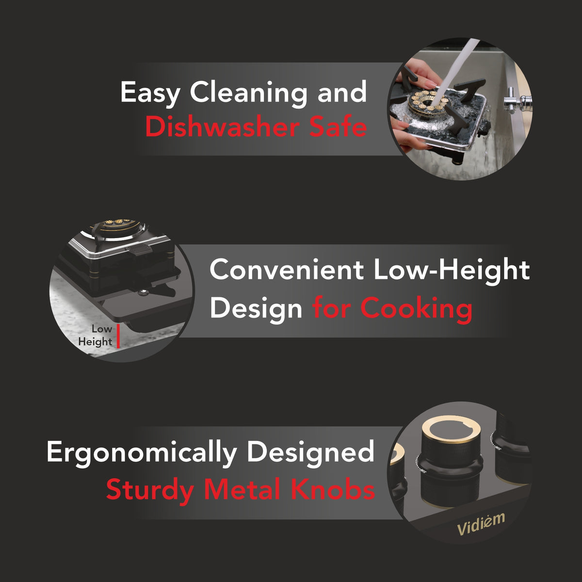 Vidiem Vogue 3-Burner Gas Cooktop/Hob | World's First Fully Removable Burner Assembly | 10Mm Toughened Glass | Hexa Flam