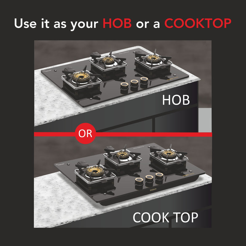 Vidiem Vogue 3-Burner Gas Cooktop/Hob | World's First Fully Removable Burner Assembly | 10Mm Toughened Glass | Hexa Flam