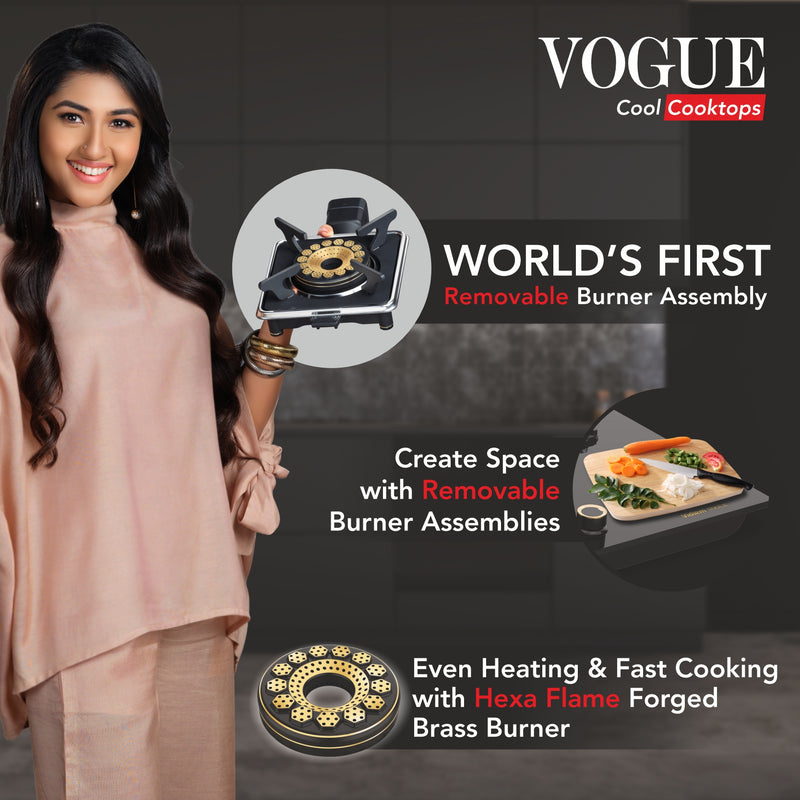 Vidiem Vogue 3-Burner Gas Cooktop/Hob | World's First Fully Removable Burner Assembly | 10Mm Toughened Glass | Hexa Flam