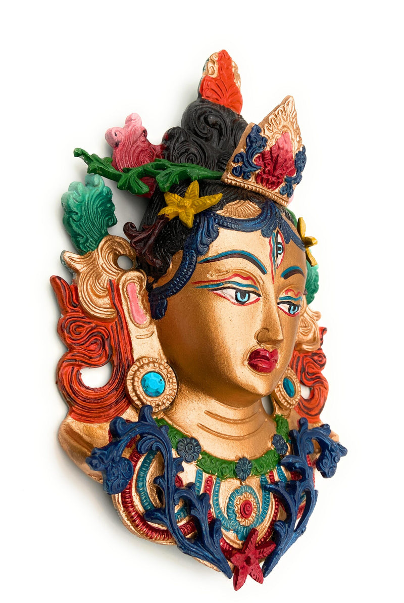 Hand Painted Brass Tara Face Idol, Tibetan Arya Tara Devi Drolma Mask, Pitala Durga Face Wall Hanging, 12 Inch, 1 Piece