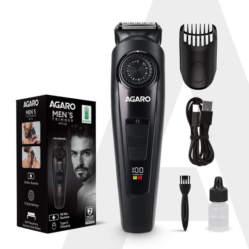 AGARO Beard Trimmer MT1122, 10 Length Settings with digital display USB rechargeable multifunctional for home and travel