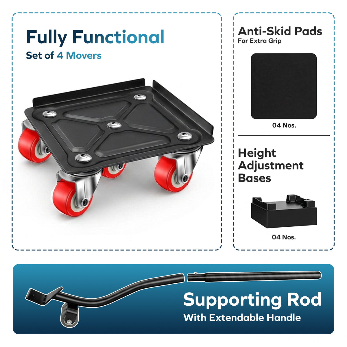 Corvids Heavy Duty Furniture & Appliance Mover Tool Set | 2-Year Warranty | 700 KG Capacity | 360° Swivel Wheels with Lifting Lever & Anti-Slip Pads for Bed, Sofa, Wardrobe, Fridge & Washing Machine-3