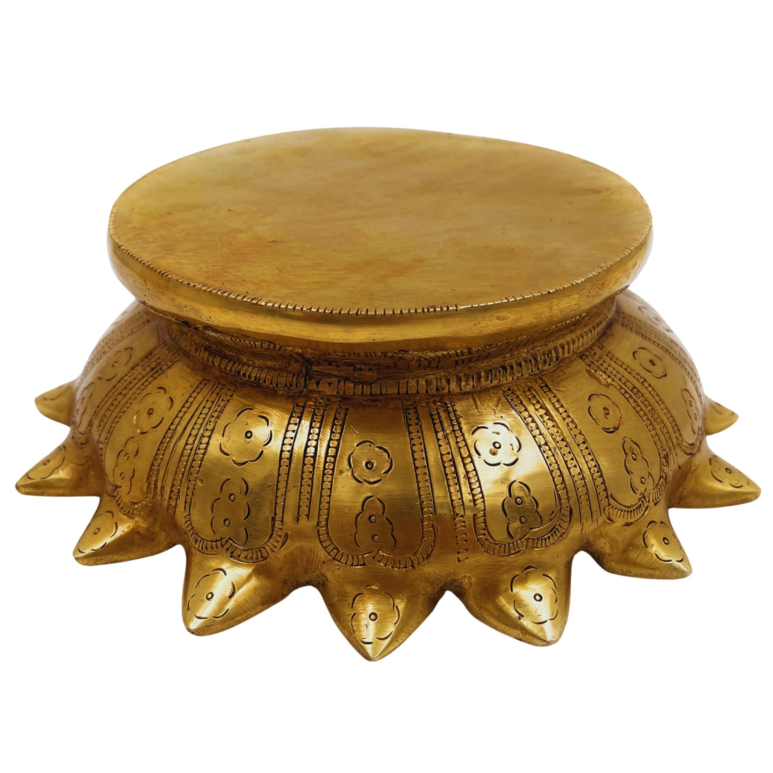 Bhunes Brass Lotus Shaped Pooja Chowki, Kamal Base for Kalash, Deity Platform, Puja Singhasan Peetha for Idols, Mandir Bajot Stand, Traditional Handcrafted Worship Table, Gold, 3 Inch, 1 Piece