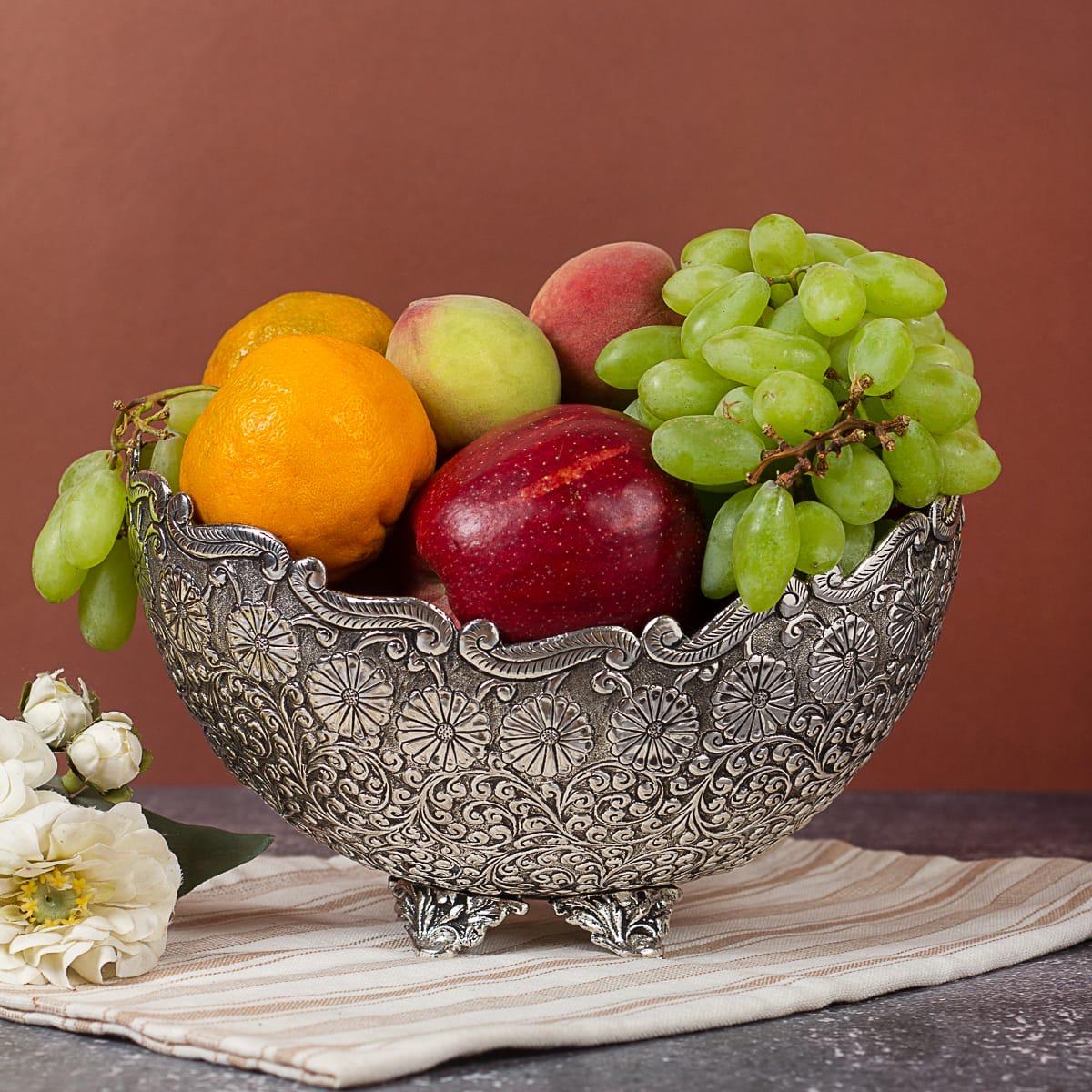 Silver-Plated Brass Decorative Basket with Floral Design (5.3 Inch)