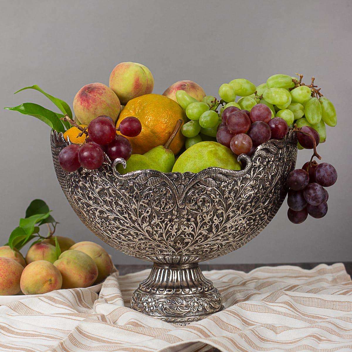 Brass Silver Plated Decorative Basket with Floral Design (7.5 Inch)
