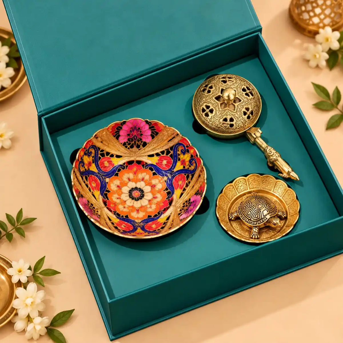 Brass Luxury Gift Hamper with Dhoop Dani, Bowl & Tortoise with Plate