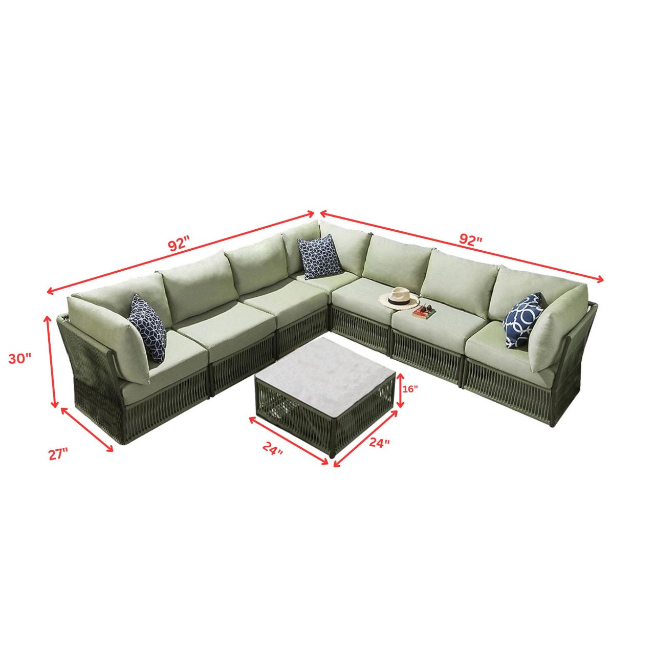Torrez Outdoor Sofa Set 7 Seater, 1 Center Table Set (Green) Braided & Rope