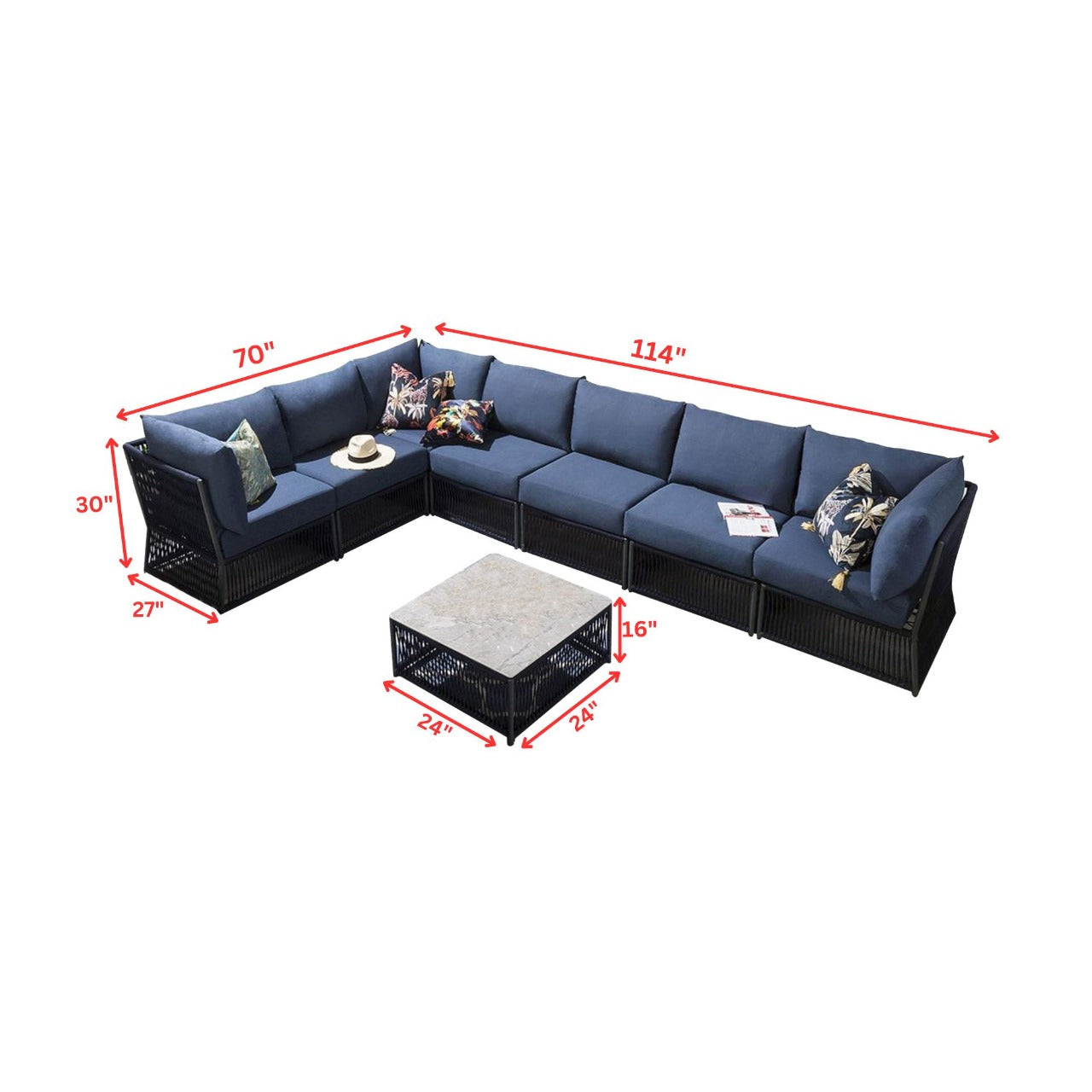 Valencia Outdoor Sofa Set 7 Seater, 1 Center Table Set (Blue) Braided & Rope