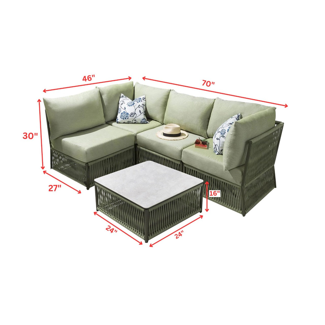 Castillo Outdoor Sofa Set 4 Seater and 1 Center Table Set (Green) Braided & Rope