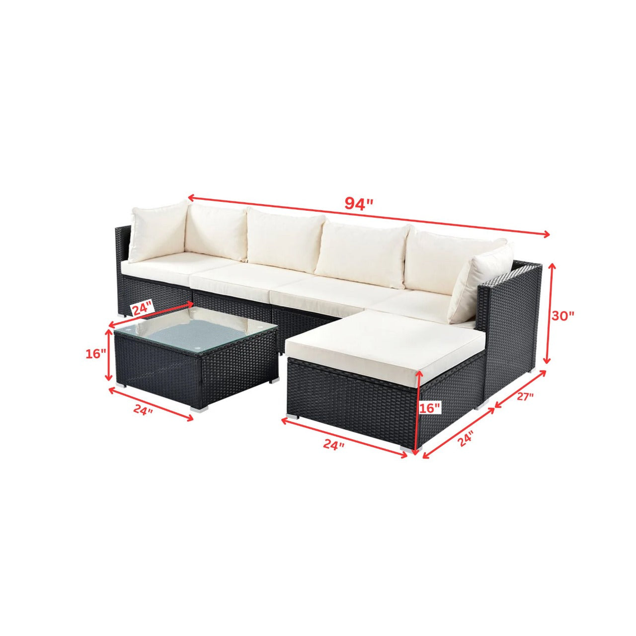 Ollie Outdoor Patio Sofa Set 4 Seater and 1 Table With 1 Ottoman Set (Black + Cream)