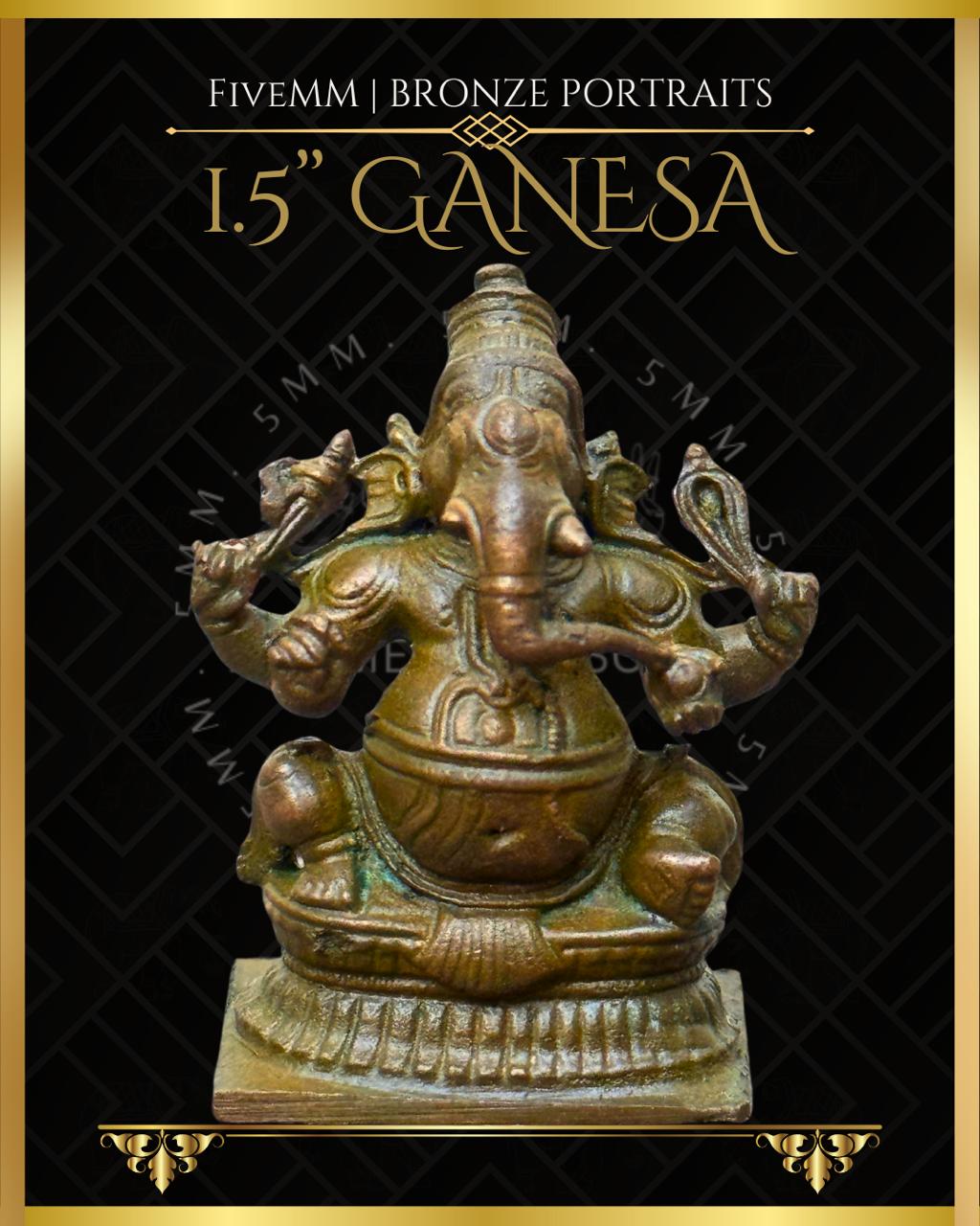 Ganesa Panchaloha Bronze Icon - 1.5" Seated (Trunk:Left) - Antique finish