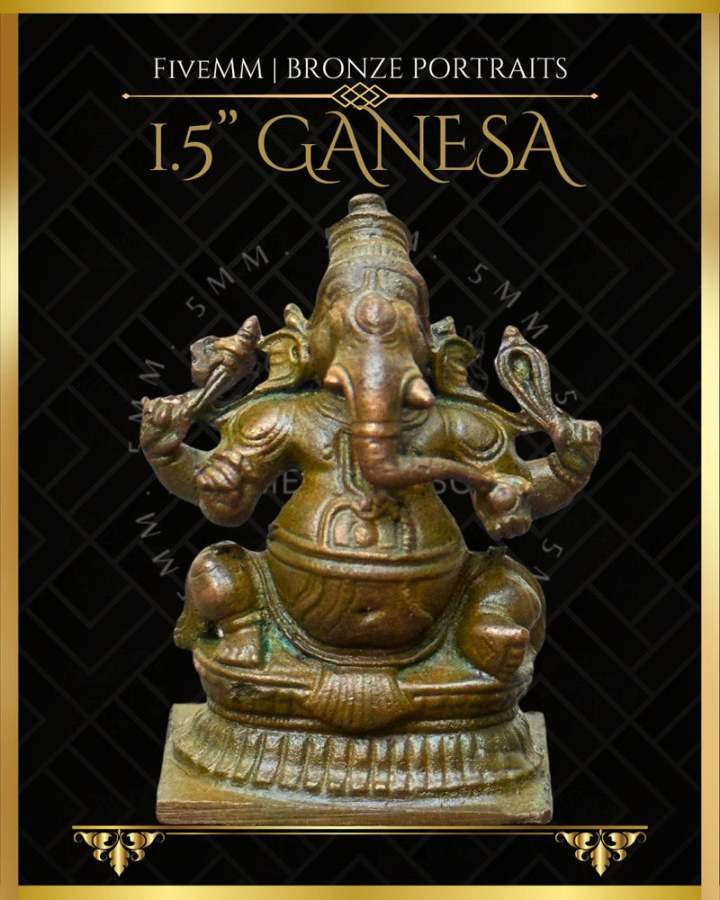 Ganesa Panchaloha Bronze Icon - 1.5" Seated (Trunk:Left) - Antique finish