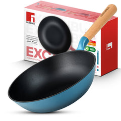 Bergner Excalibur Light Cast Iron 24cm (2L) Wok - Induction Bottom, Blue