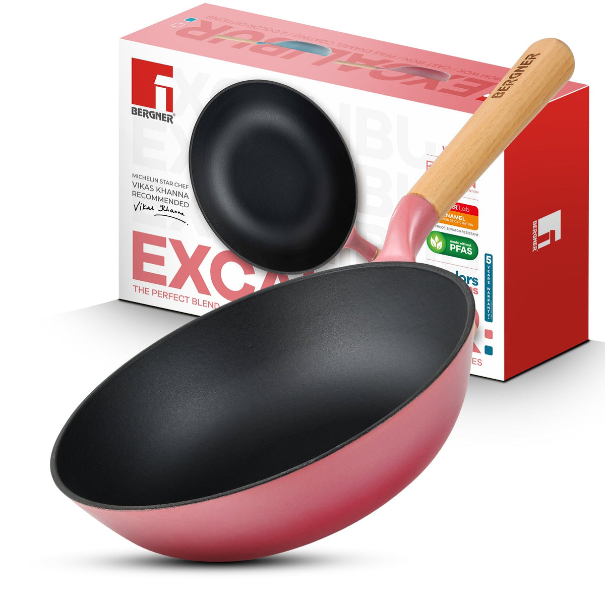 Bergner Excalibur Light Cast Iron 24cm (2L) Wok - Induction Bottom, Pink