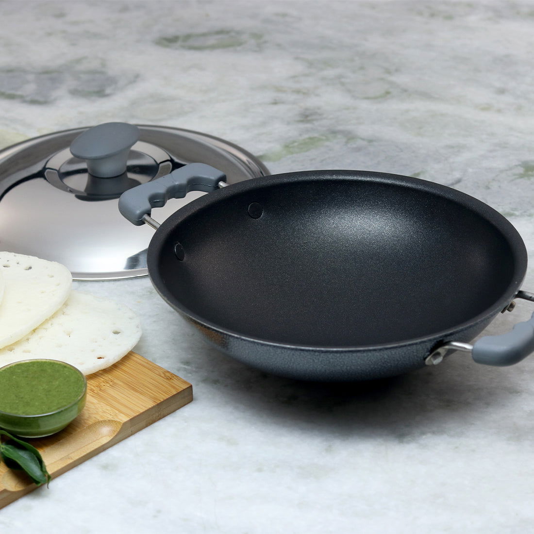 Appachetty Breakfast Pan with Lid | Nonstick Cookware | Appachatty | Chetty Pan | Appam Patra | Round Bottom Kadai | 3mm Thick | Black 22 cm | 1 Year Warranty