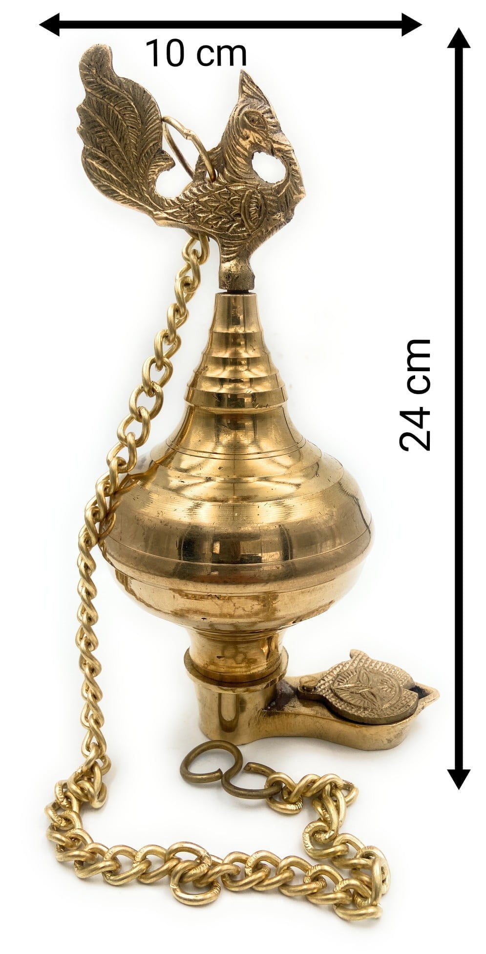 Handcrafted Brass Hanging Pooja Lamp Diya, Traditional Peetal Pittal Pitala Ceiling Lantern for Lakshmi, Saraswati, Durga & Deepam Lighting,Gold, 9.5 Inch, 1 Piece