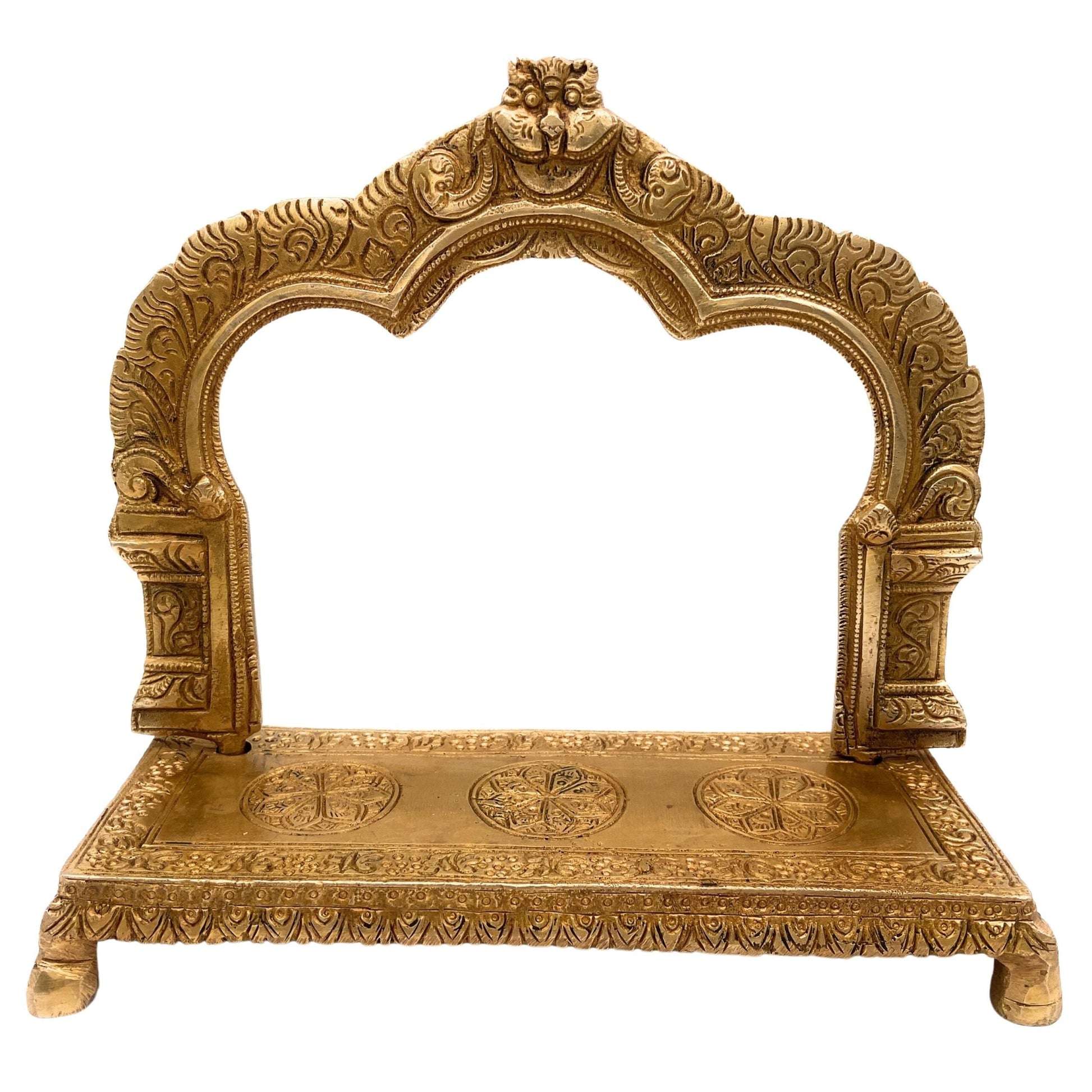 Bhunes Brass Deity Stand with Prabhavali & Chowki | Singhasan Peeth for Idols, Mandir & Pooja Room, Gold, 8 Inch, 1 Piece