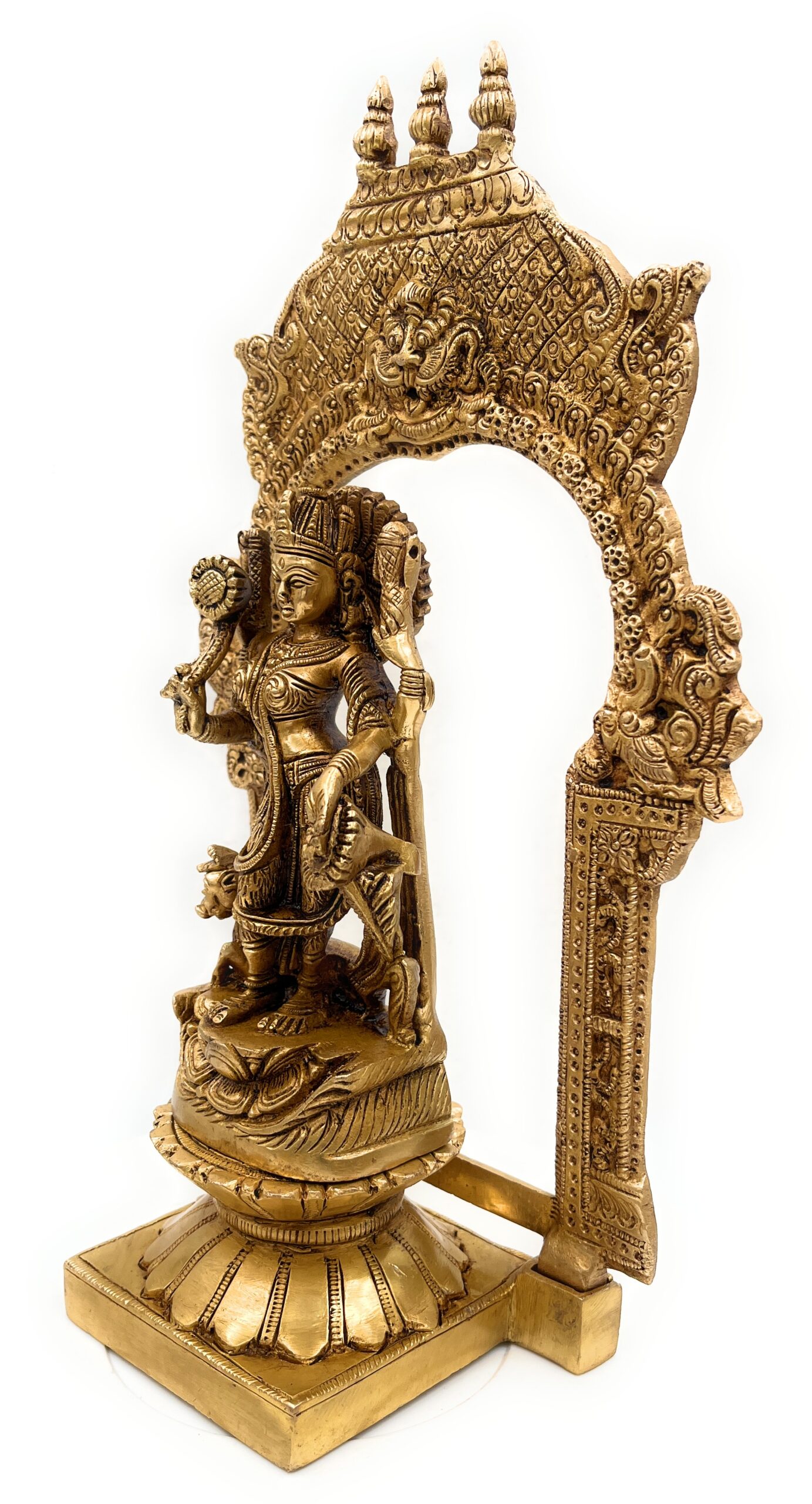 Handcrafted Brass Durga Devi Idol on Lotus Chowki with Temple Prabhavali – Mahishasuramardini | Adi Shakti | Pital Durgadevi Murti for Home Temple & Navratri Puja,Gold, 10.5 Inch, 1 Piece