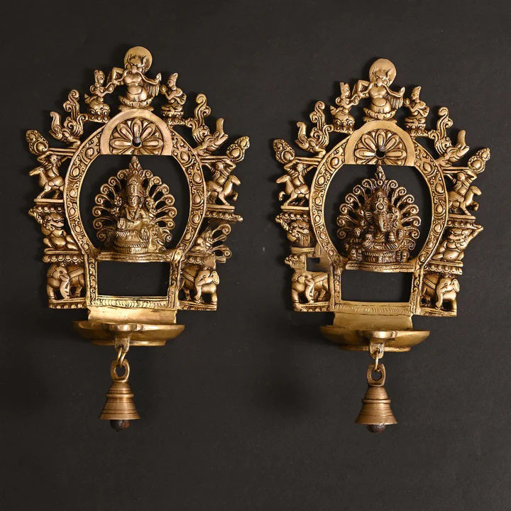 Brass Ganesha And Lakshmi Frames Diya With Bell (11.5 Inch)