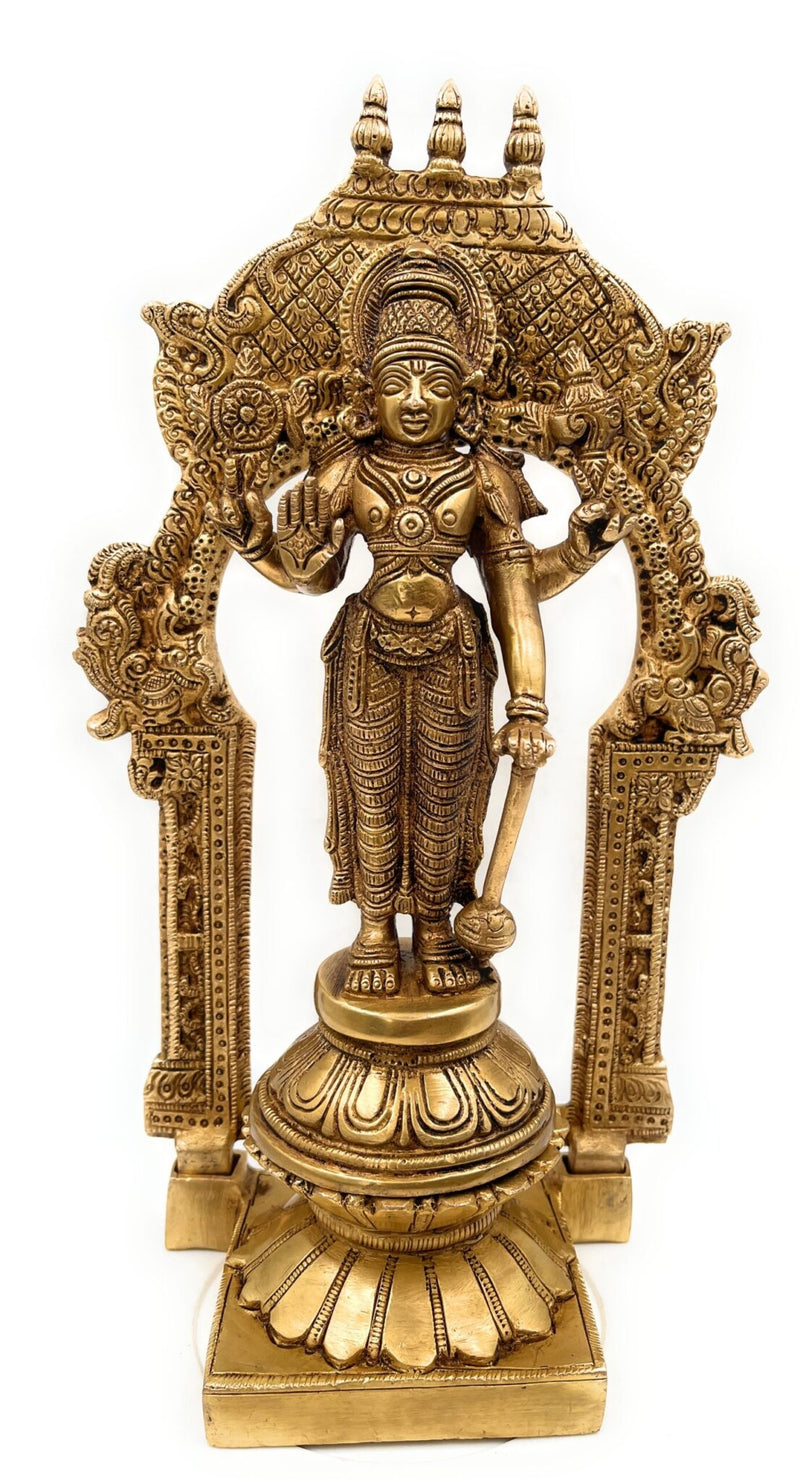 Brass Vishnu Idol Murti with Peetam & Prabhavali – Handcrafted Narayana, Venkateshwara, Balaji, Govinda Statue for Home, Temple & Office Decor,Gold, 10.5 Inch, 1 Piece