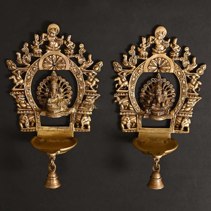 Brass Ganesha And Lakshmi Frames Diya With Bell (11.5 Inch)