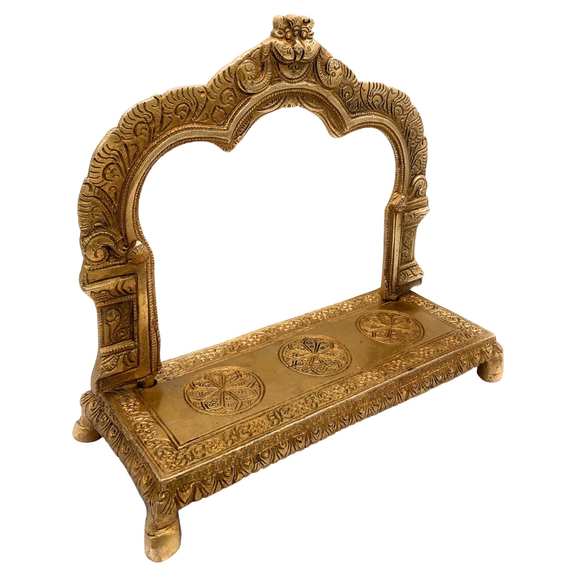 Bhunes Brass Deity Stand with Prabhavali & Chowki | Singhasan Peeth for Idols, Mandir & Pooja Room, Gold, 8 Inch, 1 Piece