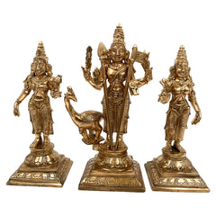 Handcrafted Panchaloha Murugan with Valli and Devasena Idol | Bronze Subramanya Skanda Kumara Swamy Shanmukha Statue | South Indian Chola Art Sculpture          Ask ChatGPT,Gold, 7.5 Inch, 1 Piece