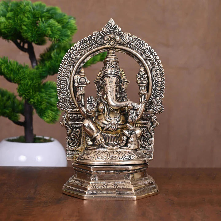 Brass Ganesha On Throne Idol (9.5 Inch)