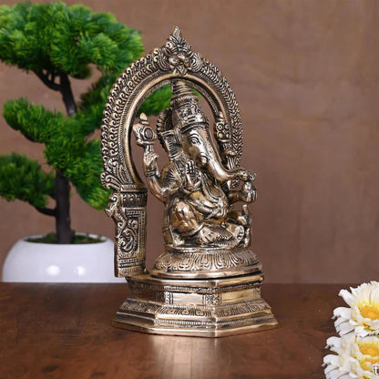 Brass Ganesha On Throne Idol (9.5 Inch)