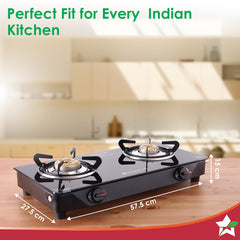 Wonderchef Zest Neo Gas Stove | 2 Burners (1 Medium, 1 Small) | Premium Glass Surface | Space Saving Design | Brass Burn