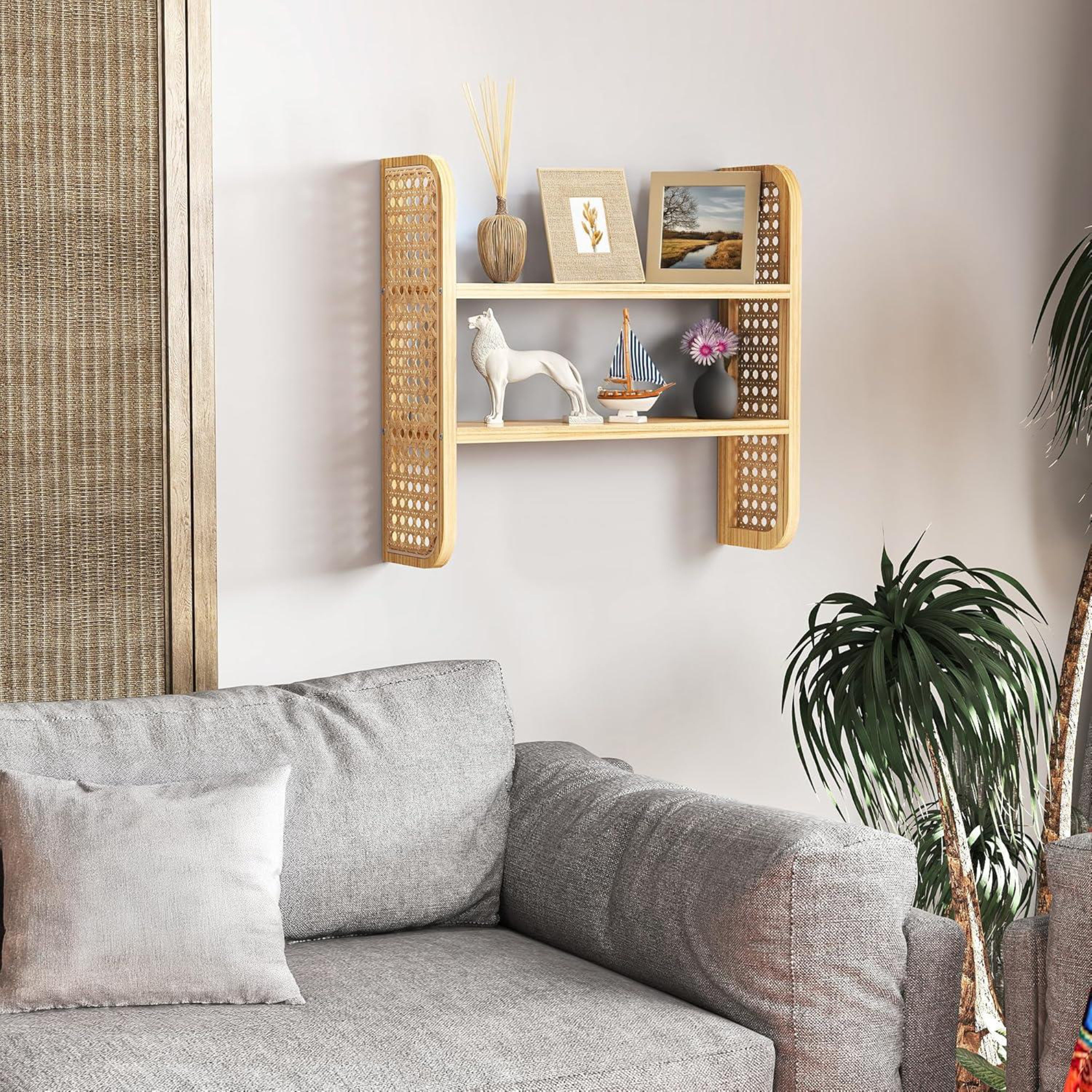 Wall Mounted Rattan 2-Tier Wooden Storage Shelf-Set of 2