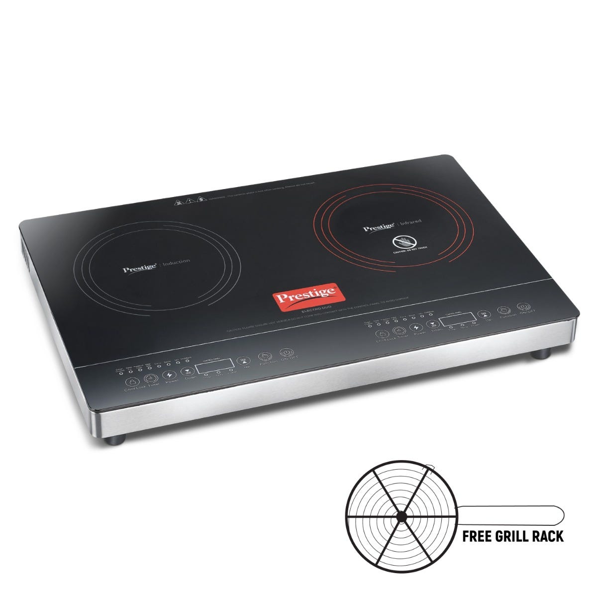 Prestige Electro Duo Infrared and Induction Combi Cooktop + Prestige Omega Deluxe Granite Alpha 3 Pc BYK Non-Stick Set: Kadai 24cm with Glass Lid, Omni Tawa 28cm, Fry Pan 24cm