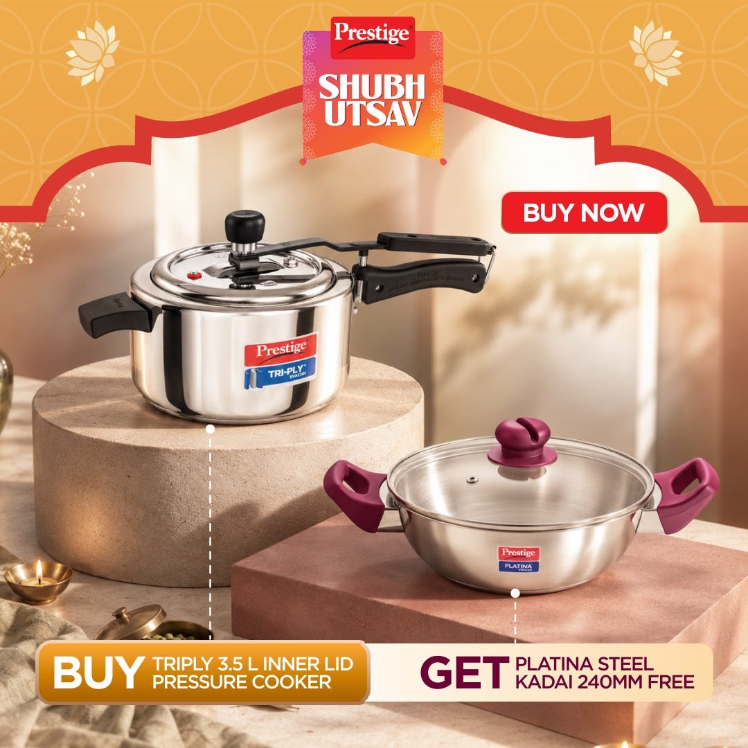Prestige 3.5 L Tri-Ply Svachh Inner Lid Pressure Cooker, Gas & Induction, Spillage Control, Silver + Prestige Platina Popular Stainless Steel Impact Forged Bottom Kadai with Glass Lid, 24cm, 2.8 L