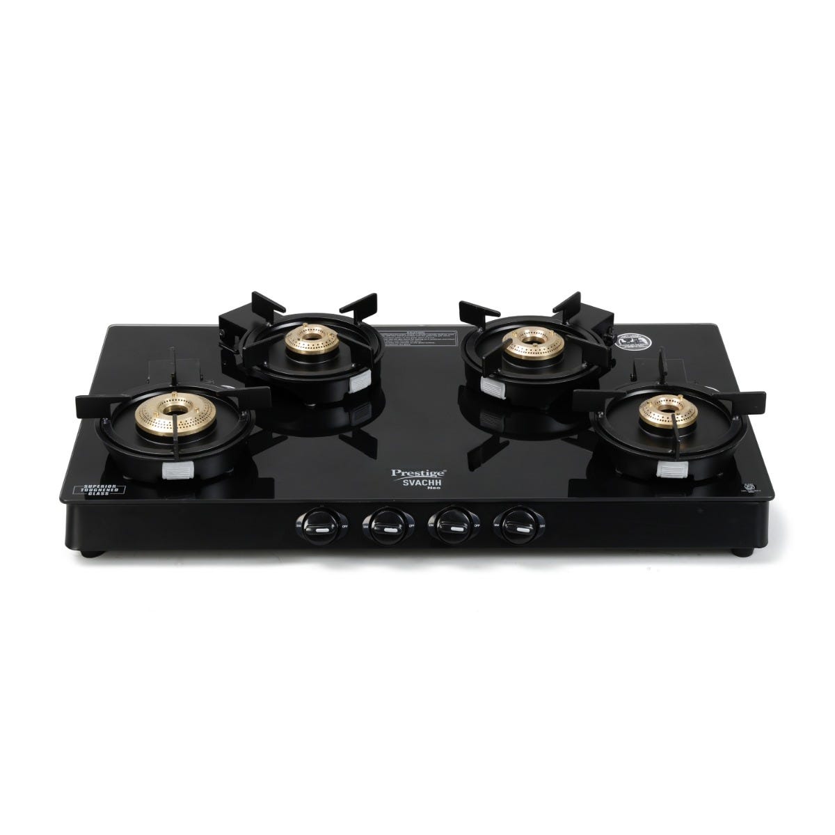 Prestige Svachh Neo Toughened Glass Top Gas Stove with Liftable 4 Burners, Black, GTSN 04 L + Prestige 3 Litre TRIPLY Svachh Inner Lid Pressure Cooker, Deep Lid for Spillage Control, Gas & Induction