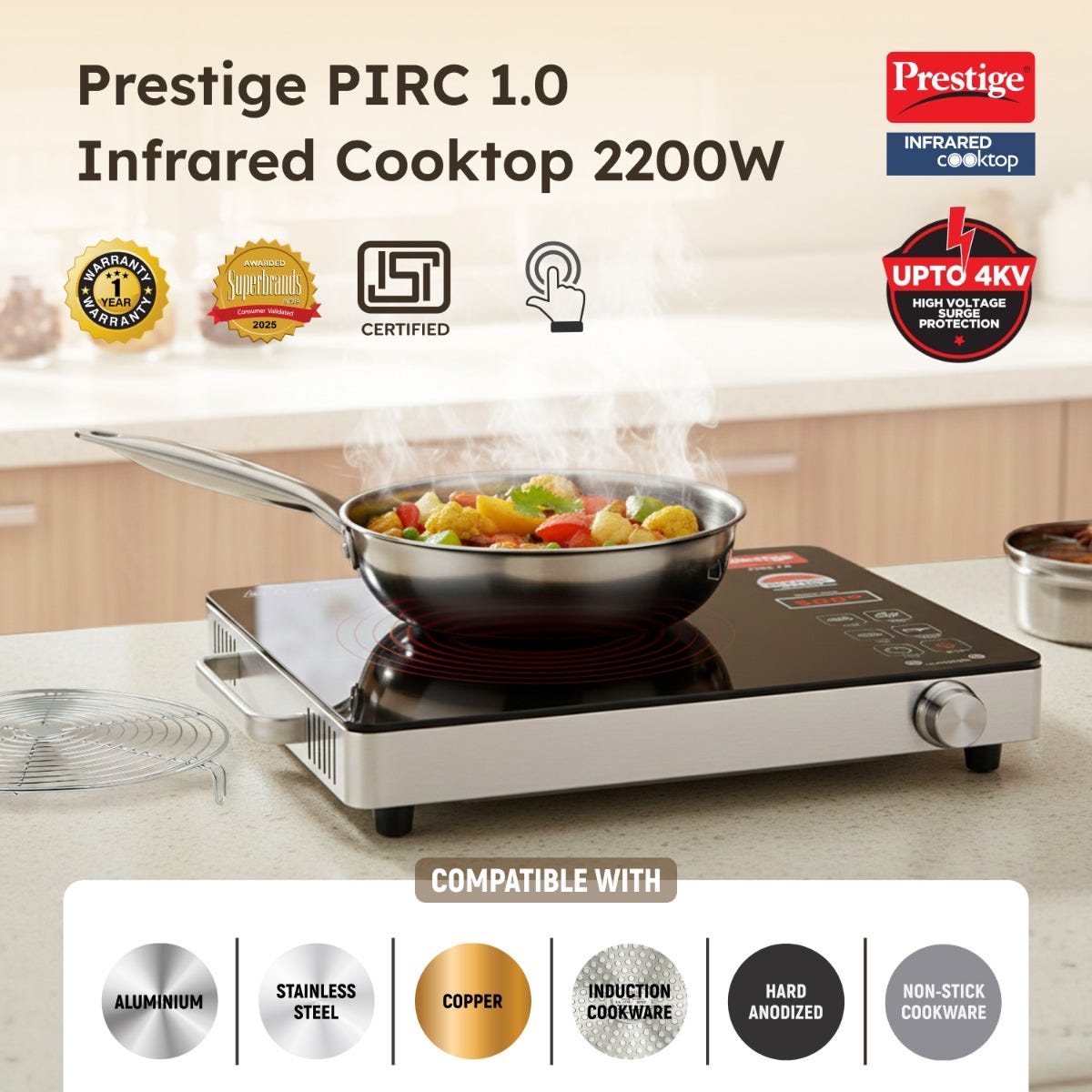 Prestige PIRC 1.0 2200W Infrared Cooktop, Indian Menus & Timer, Flat-Bottom Cookware, Black + Prestige TRIPLY Splendid 4 Pc Cookware Set: Fry Pan 22cm, Kadai 22cm, Saucepan 14cm, SS Lid 24cm
