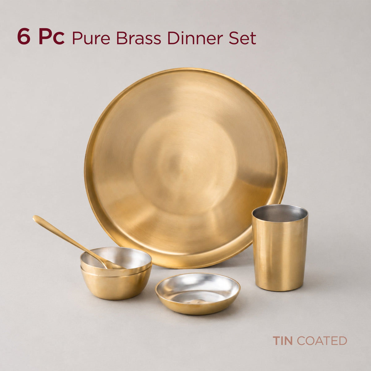 6-Piece Pure Brass Dinner Set with Tin Coating (पीतल का डिनर सेट)