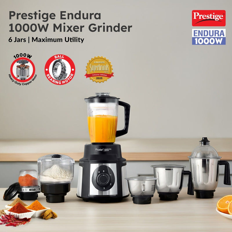 Prestige Endura 1000W 6 Jar Mixer Grinder: 3 SS Jars, Juicer, Mix-O-Keep, Multi-Utility Jar, Ball Bearing Motor, SS Blades, 5Y Motor Warranty + Prestige 1.5L PMC 3.0 Plus Multi Kettle / Multi Cooker